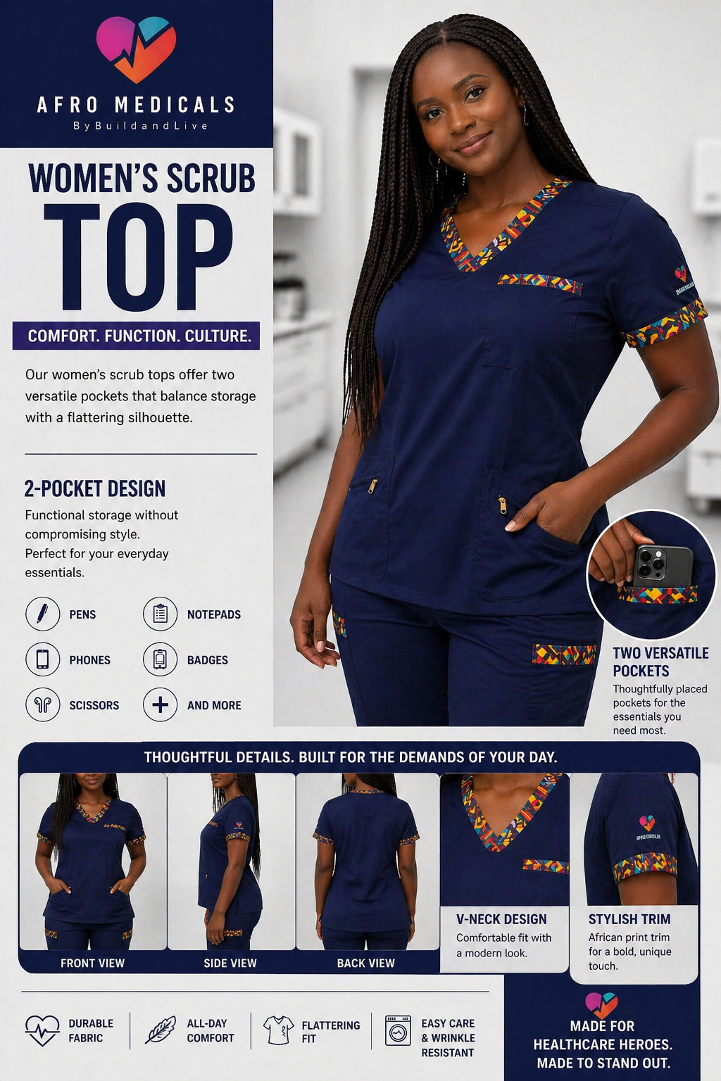 Ankara Flow Trim - Scrub Top