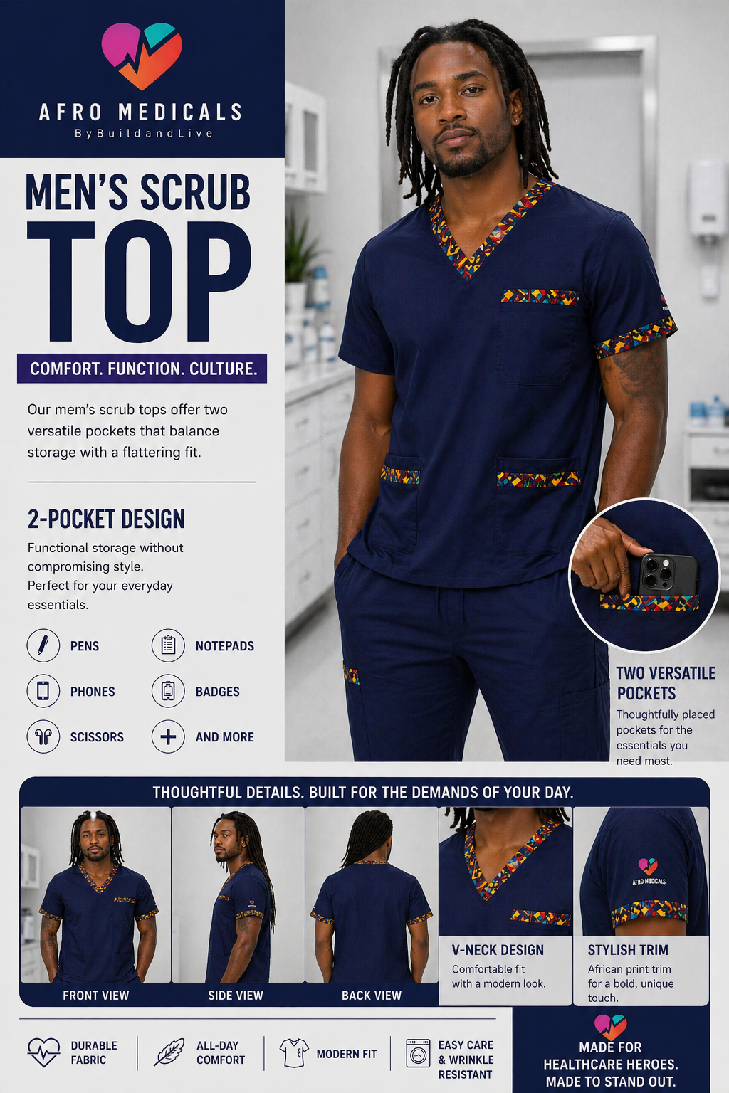 Ankara Flow Trim - Scrub Top